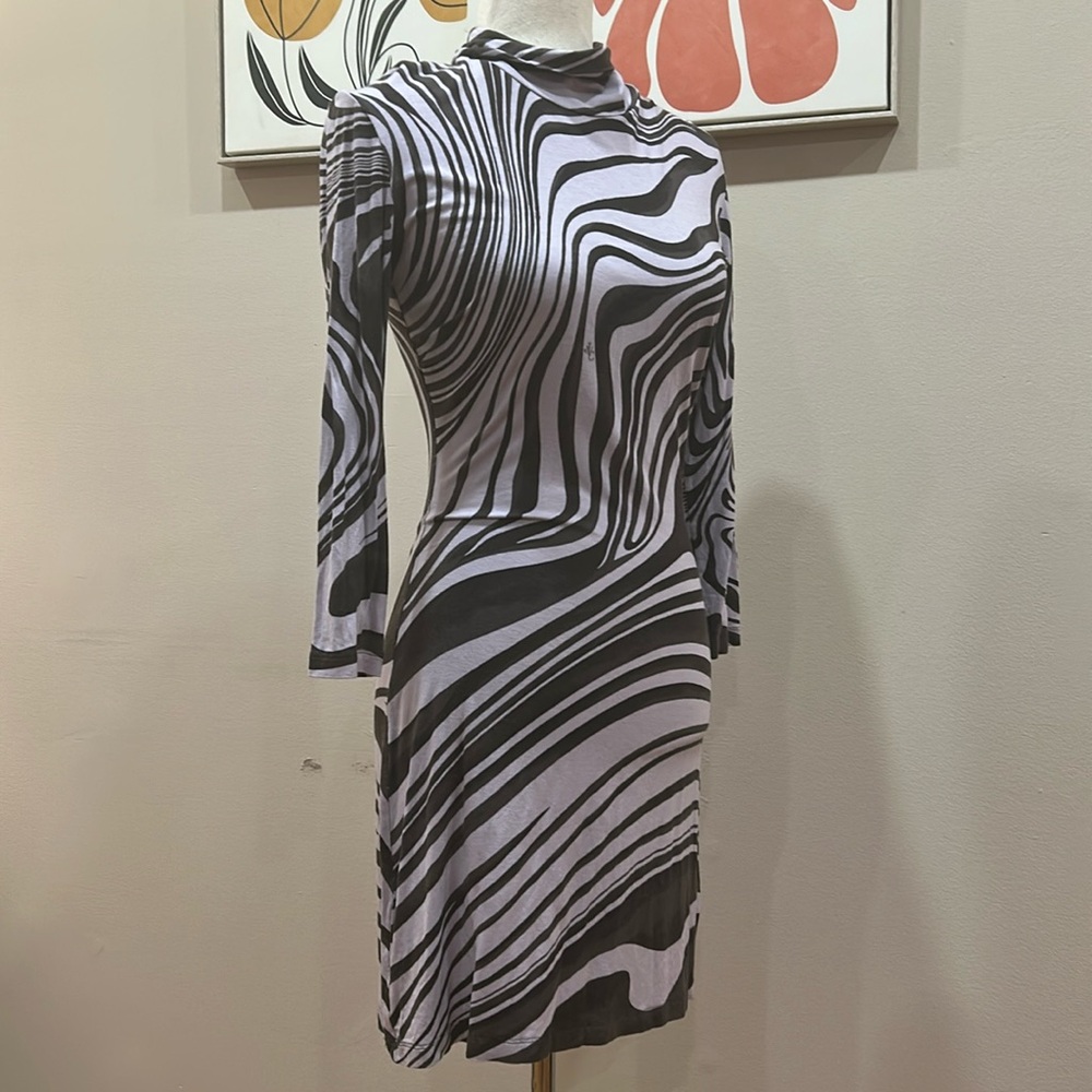 Versace dress lilac brown y2k mock neck long sleeve mini dress swirl stripes